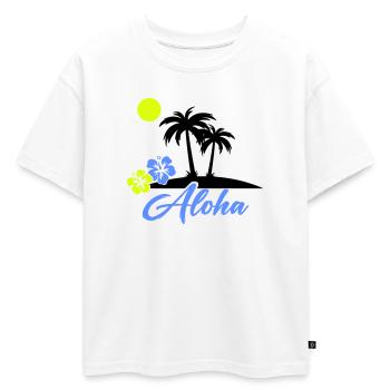 Écriture néon Hibiscus Aloha - T-shirt enfant oversize en coton biologique Premium - blanc - Devant - AI Model Kid Male (0cm)
