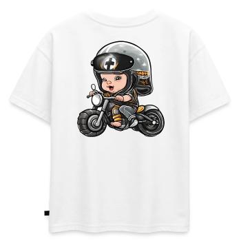 bébé motard, futur motard, baby biker - T-shirt enfant oversize en coton biologique Premium - blanc - Dos - AI Model Kid Male (0cm)