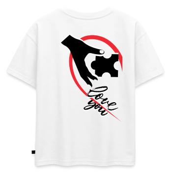 Main tenant un puzzle demi-cœur - T-shirt enfant oversize en coton biologique Premium - blanc - Dos - AI Model Kid Male (0cm)