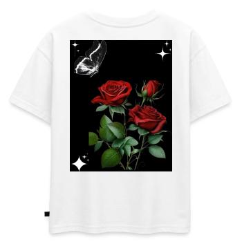 Roses rouges avec papillon et étoiles - T-shirt enfant oversize en coton biologique Premium - blanc - Dos - AI Model Kid Male (0cm)