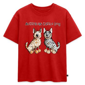 Deux Bouvier Australien - Australian Cattle Dog - T-shirt enfant oversize en coton biologique Premium - rouge - Devant - AI Model Kid Male (0cm)
