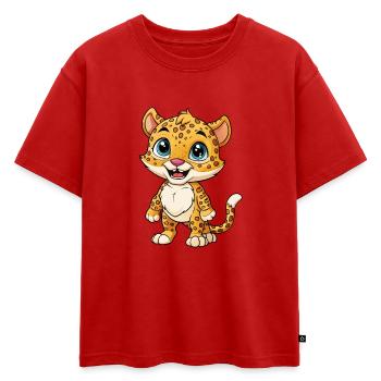 Jaguar Mignon Dessin Animé Personnage Kawaii Clipart - T-shirt enfant oversize en coton biologique Premium - rouge - Devant - AI Model Kid Male (0cm)