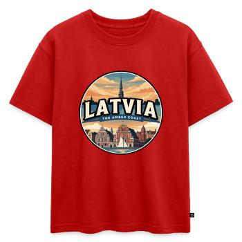 Insigne rétro de Riga à Points noirs de Lettonie - T-shirt enfant oversize en coton biologique Premium - rouge - Devant - AI Model Kid Male (0cm)