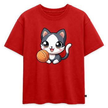 Chaton kawaii noir et blanc avec pelote - T-shirt enfant oversize en coton biologique Premium - rouge - Devant - AI Model Kid Male (0cm)
