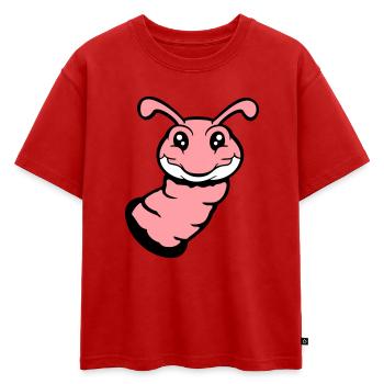 La chenille jette un œil hors du trou et sourit au doux ver, une bande dessinée amusante - T-shirt enfant oversize en coton biologique Premium - rouge - Devant - AI Model Kid Male (0cm)