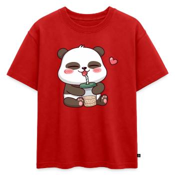 Adorable panda buvant du thé aux perles - T-shirt enfant oversize en coton biologique Premium - rouge - Devant - AI Model Kid Male (0cm)