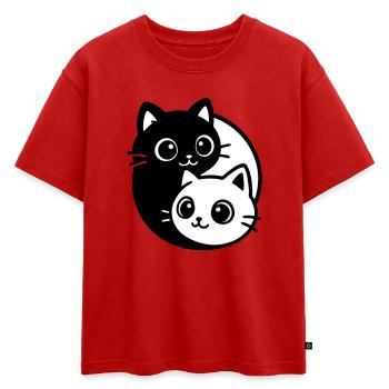 Portrait de chat Ying Yang - T-shirt enfant oversize en coton biologique Premium - rouge - Devant - AI Model Kid Male (0cm)