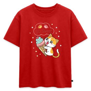 Chat gourmand avec glace pastel - T-shirt enfant oversize en coton biologique Premium - rouge - Devant - AI Model Kid Male (0cm)