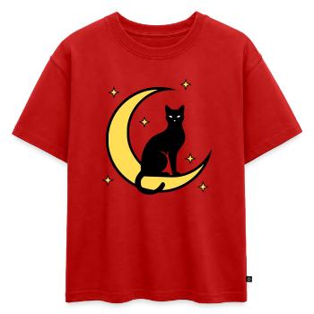 Chat Lune Étoiles Sorcellerie - T-shirt enfant oversize en coton biologique Premium - rouge - Devant - AI Model Kid Male (0cm)