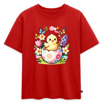 Poussin dans l’œuf floral éclot - T-shirt enfant oversize en coton biologique Premium - rouge - Devant - AI Model Kid Male (0cm)