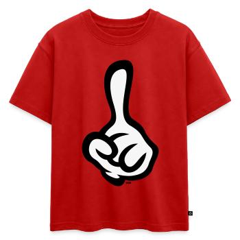 Index levé (doigt / main gauche / 2C) - T-shirt enfant oversize en coton biologique Premium - rouge - Devant - AI Model Kid Male (0cm)