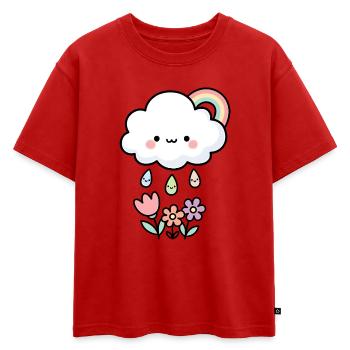 Nuage de pluie mignon et fleurs - T-shirt enfant oversize en coton biologique Premium - rouge - Devant - AI Model Kid Male (0cm)