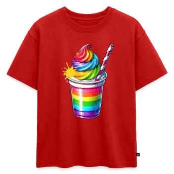 Plaisir des sens :Tasse Milkshake arc-en-ciel - T-shirt enfant oversize en coton biologique Premium - rouge - Devant - AI Model Kid Male (0cm)