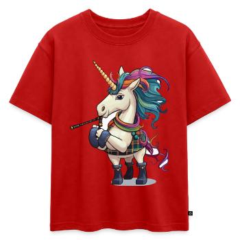 Cornemuses Licorne Colorées - T-shirt enfant oversize en coton biologique Premium - rouge - Devant - AI Model Kid Male (0cm)