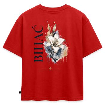 Flair floral aquarelle et lys - T-shirt enfant oversize en coton biologique Premium - rouge - Dos - AI Model Kid Male (0cm)