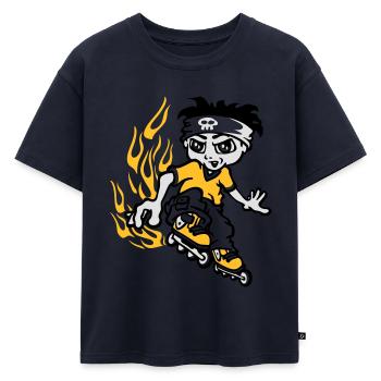 Garçon avec rollers et flammes tribals - T-shirt enfant oversize en coton biologique Premium - bleu marine - Devant - AI Model Kid Male (0cm)