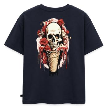 Cornet de glace tête de mort avec roses et cire - T-shirt enfant oversize en coton biologique Premium - bleu marine - Dos - AI Model Kid Male (0cm)