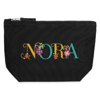 Art du nom NORA avec des fleurs brodées - Pochette zippée en toile 12 x 13 cm - noir - Devant
