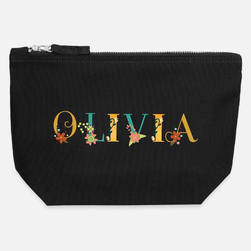 Art du nom OLIVIA avec des fleurs brodées - Pochette zippée en toile 12 x 13 cm - noir