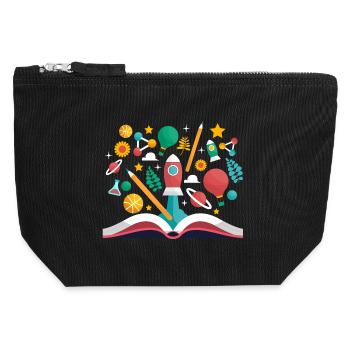 Livre ouvert avec des objets scolaires, apprendre et éduquer - Pochette zippée en toile 12 x 13 cm - noir - Devant