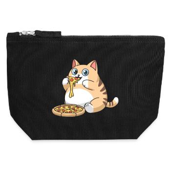 Chat potelé mignon mangeant de la pizza - Pochette zippée en toile 12 x 13 cm - noir - Devant
