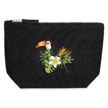 Toucan avec des fleurs tropicales - Design d’oiseau exotique - Pochette zippée en toile 12 x 13 cm - noir - Devant