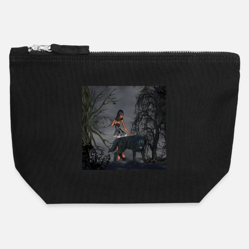 Awesome fairy with wolf - Canvas Zip Pouch 12 x 13 cm - black