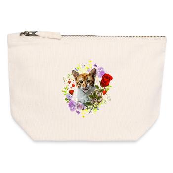 Chat riant avec rose pour l’amour - Pochette zippée en toile 12 x 13 cm - blanc naturel - Devant