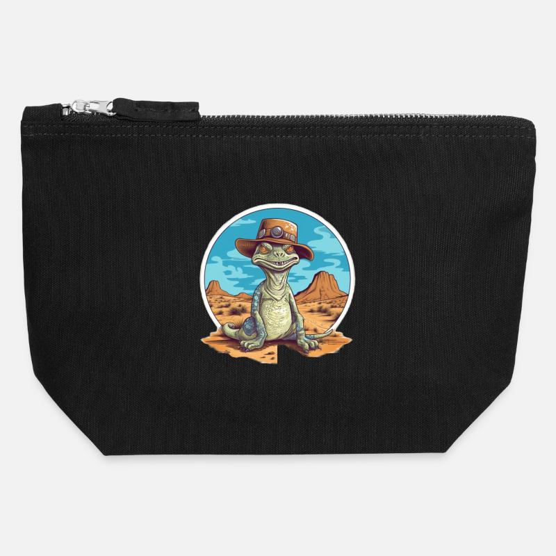 Creative dinosaur with hat in desert - Canvas Zip Pouch 12 x 13 cm - black