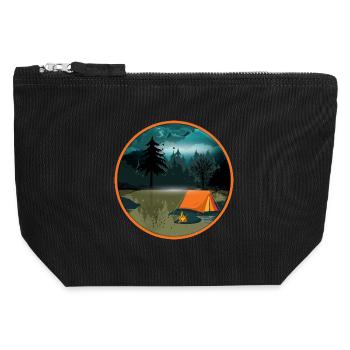 Camping de nuit dans la forêt avec feu de camp et tente - Pochette zippée en toile 12 x 13 cm - noir - Devant