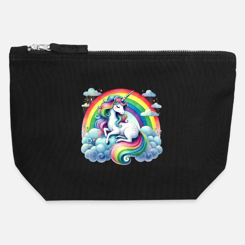 Licorne arc-en-ciel sur les nuages - Pochette zippée en toile 12 x 13 cm - noir