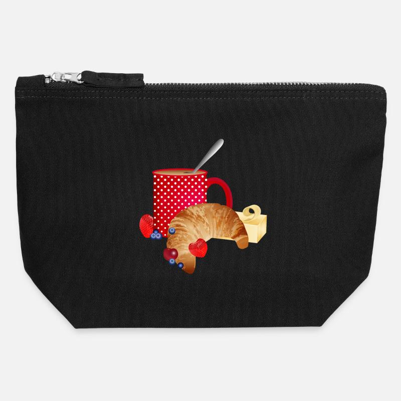Breakfast still life with croissant, coffee, berries - Canvas Zip Pouch 12 x 13 cm - black