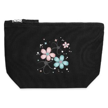 fleurs tendres en rose et turquoise - Pochette zippée en toile 12 x 13 cm - noir - Devant