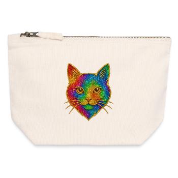 Arc en ciel pailleté chat jante dorée - Pochette zippée en toile 12 x 13 cm - blanc naturel - Devant