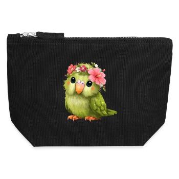 Perroquet en couronne de fleurs - Pochette zippée en toile 12 x 13 cm - noir - Devant