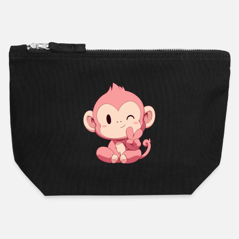 Little Pink Monkey Peace - Canvas Zip Pouch 12 x 13 cm - black