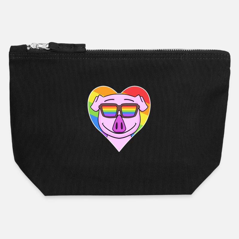 Rainbow - pig with glasses and heart - Canvas Zip Pouch 12 x 13 cm - black