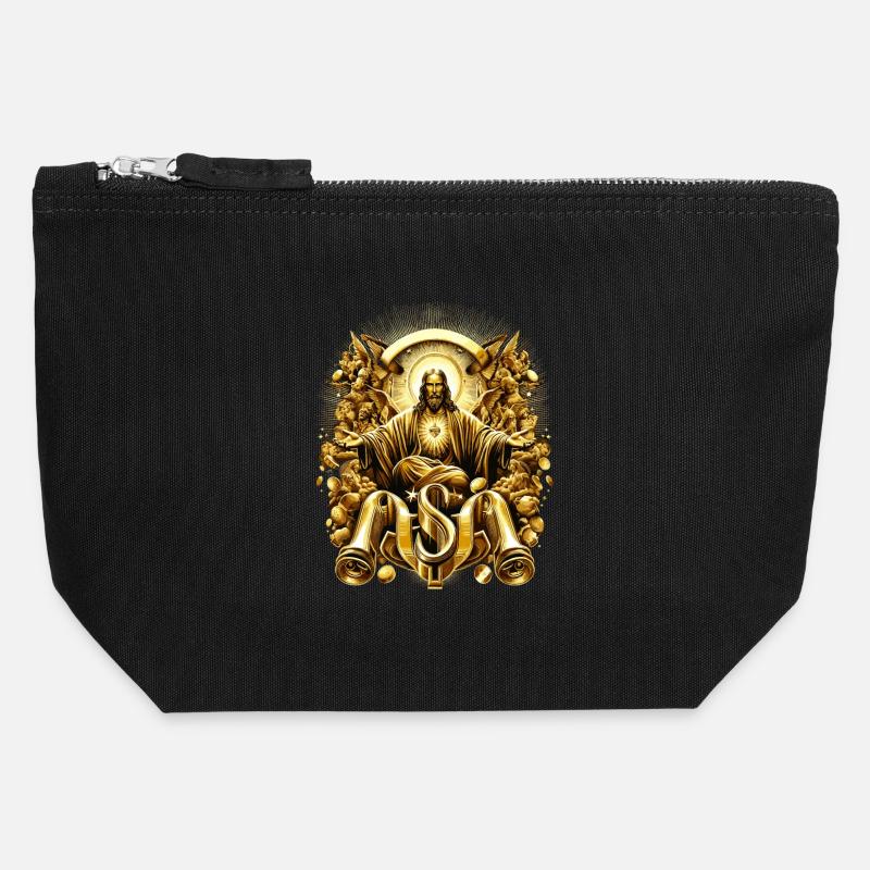 Splendeur céleste Ange Jésus d’or - Pochette zippée en toile 12 x 13 cm - noir
