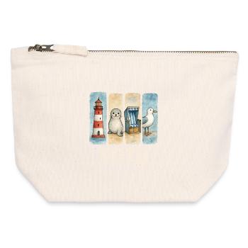 Phare de Moin, chaise de plage avec phoques, côte des mouettes - Pochette zippée en toile 12 x 13 cm - blanc naturel - Devant