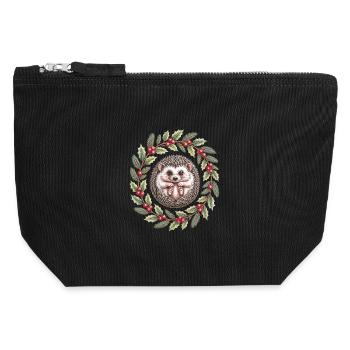 Hérisson de Noël en couronne de houx - Pochette zippée en toile 12 x 13 cm - noir - Devant