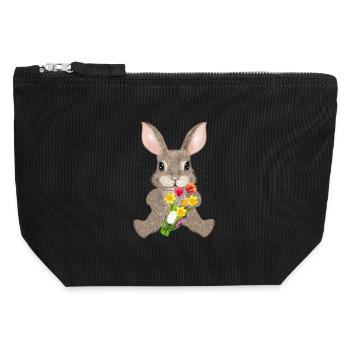 Lapin brun avec bouquet de fleurs printanières - Pochette zippée en toile 12 x 13 cm - noir - Devant