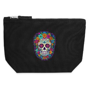 Tête de mort mexicaine sugar skull crâne fleurs - Pochette zippée en toile 12 x 13 cm - noir - Devant