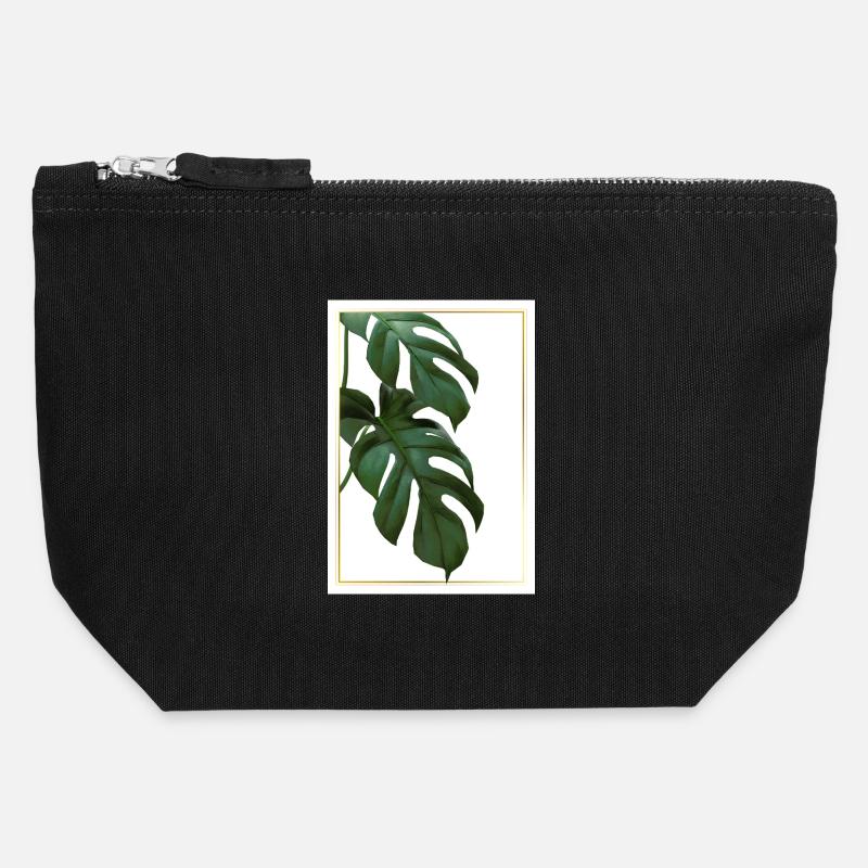 Monstera Tropical Leaves in Gold Frame - Canvas Zip Pouch 12 x 13 cm - black