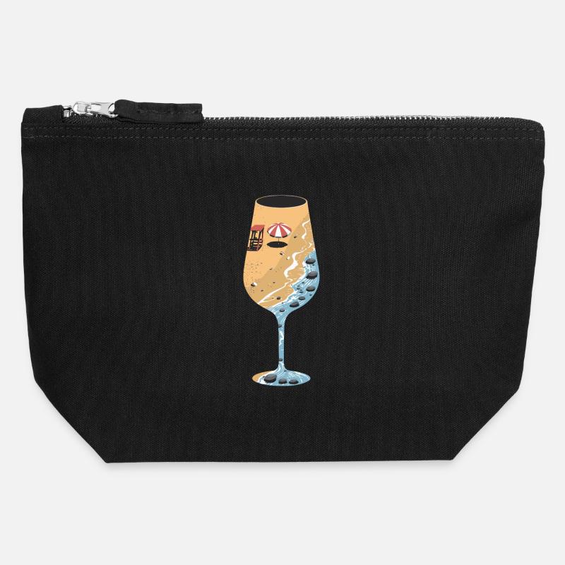 Plage d’été et mer dans un verre de vin pour - Pochette zippée en toile 12 x 13 cm - noir