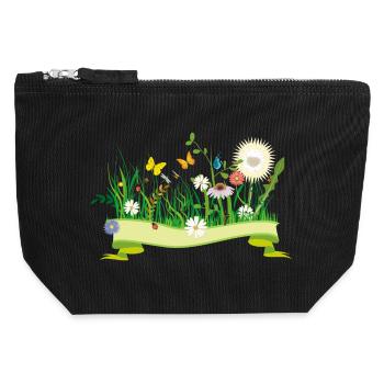 prairie printanière luxuriante avec des fleurs et des insectes - Pochette zippée en toile 12 x 13 cm - noir - Devant