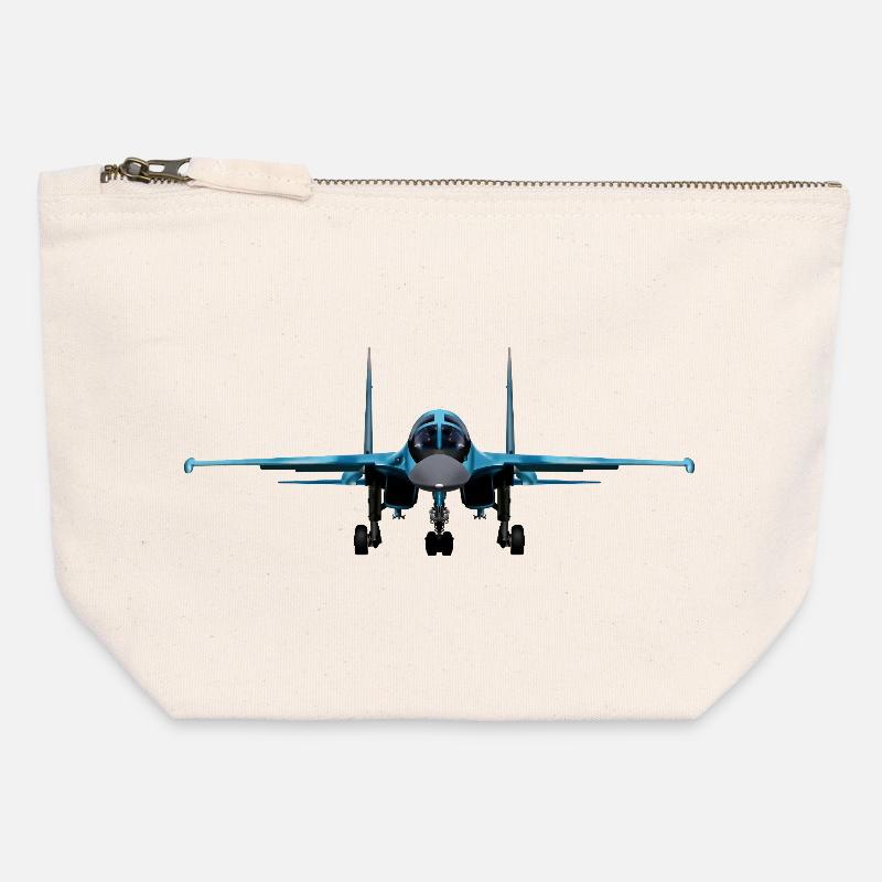 Vue de face de l’avion de chasse bleu - Pochette zippée en toile 12 x 13 cm - blanc naturel