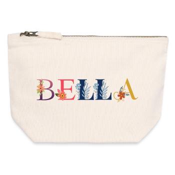 Le nom BELLA est décoré de fleurs - Pochette zippée en toile 12 x 13 cm - blanc naturel - Devant