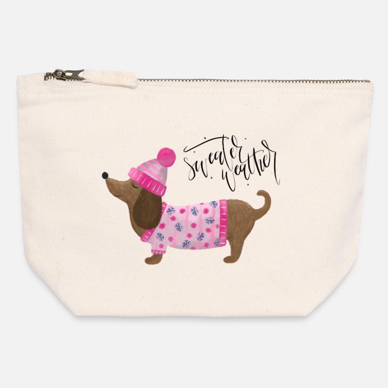 Teckel avec pull et chapeau Pull Météo rose - Pochette zippée en toile 12 x 13 cm - blanc naturel