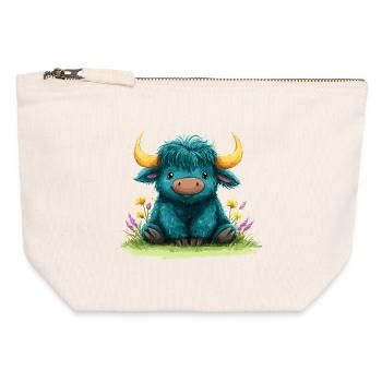 Yak bleu dans une mer de fleurs - Pochette zippée en toile 12 x 13 cm - blanc naturel - Devant