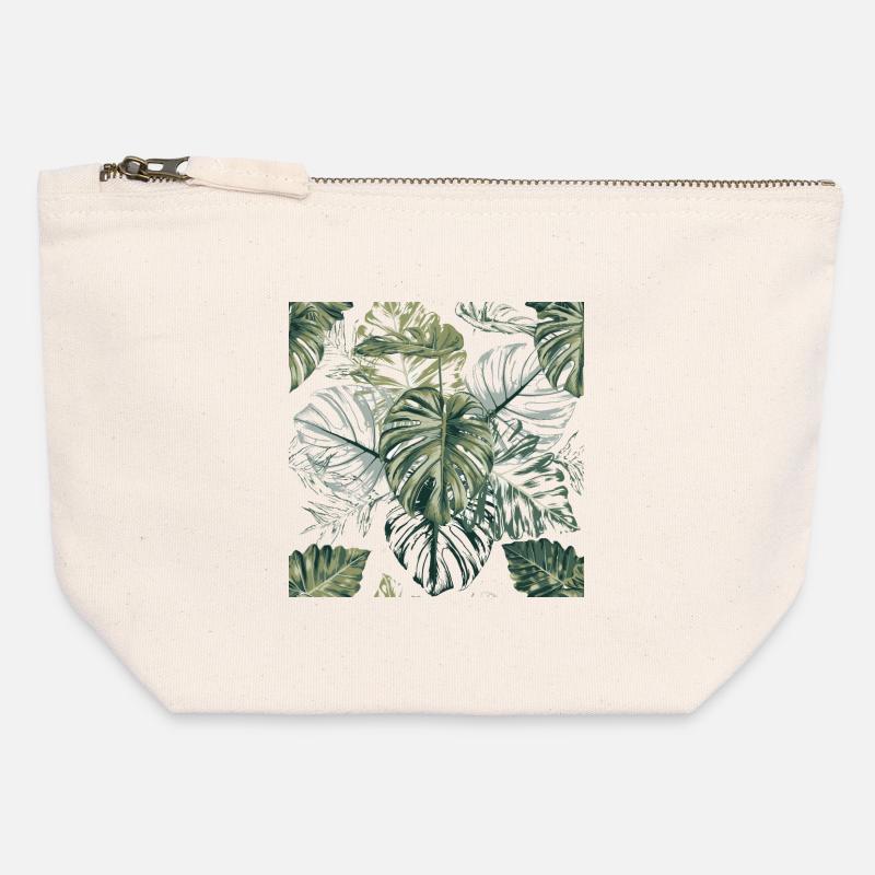 Tropical Monstera Leaves Pattern - Canvas Zip Pouch 12 x 13 cm - nature